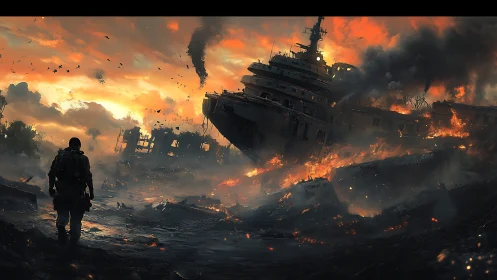 Lone soldier observing burning warship in ruined harbor.