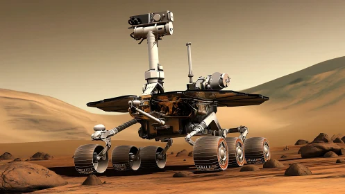 Curious Mars rover exploring a quiet red desert world.