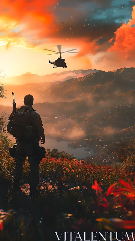 Soldier watches helicopter fly above misty valley at sunset