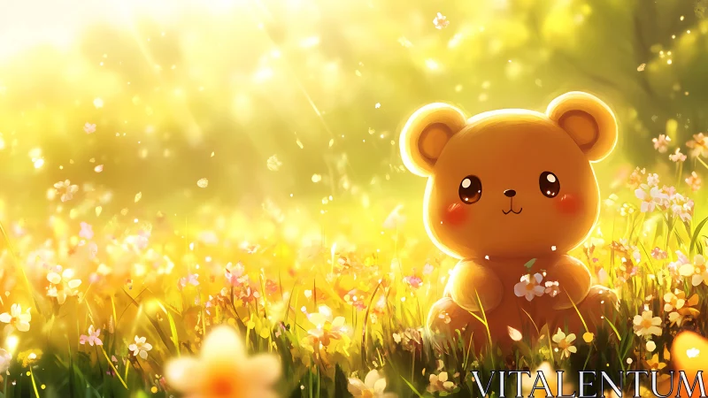 Sunlit meadow teddy glows amid drifting petals and warmth.