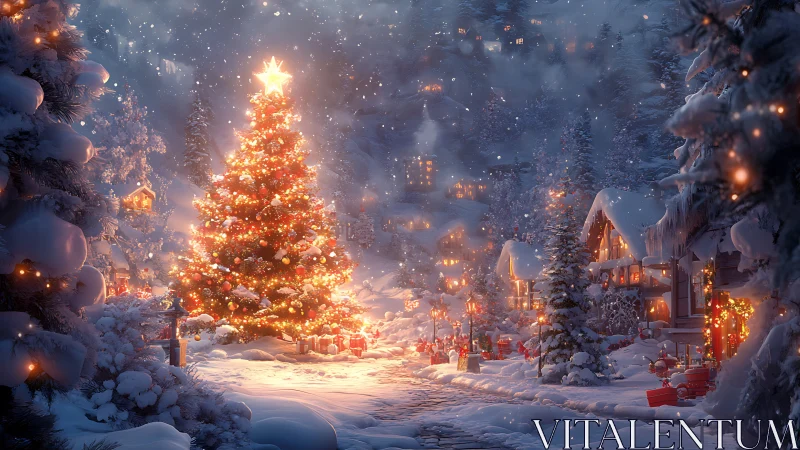 Snowy village square shows illuminated Christmas tree at night