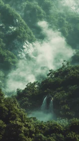 Misty rainforest valley with waterfall flowing through dense canopy
