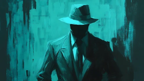 Shadowed detective walks out of turquoise painted silence