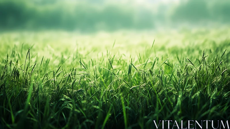 Morning dew on dense green grass under atmospheric bokeh light