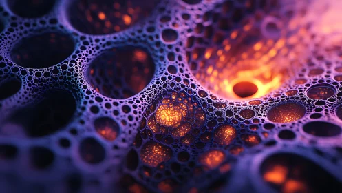 Abstract cellular pattern with glowing orange vortex forms.