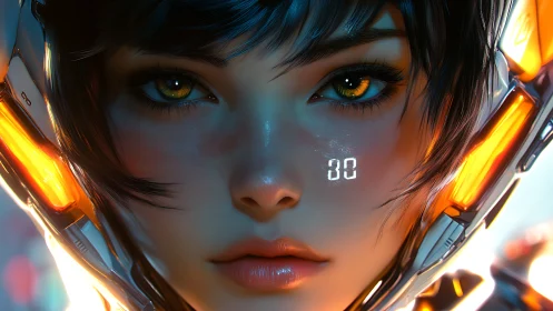 Cyborg pilot portrait with luminous orange visor arrays, close