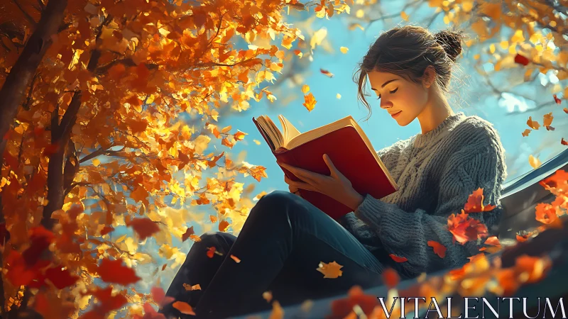 Woman reading book outdoors under autumn foliage canopy.
