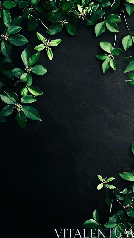 Dark textured background framed by lush green leaves.