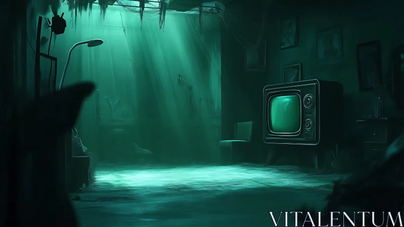 Digital painting of flooded retro TV room with teal volumetric light.