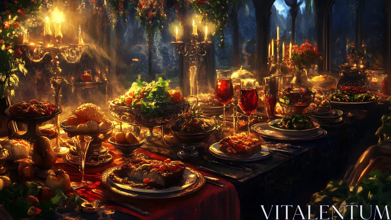 Candlelit banquet table with diverse dishes and glassware.