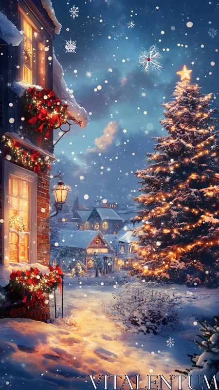 Snowlit village lane wrapped in cozy Christmas glow.