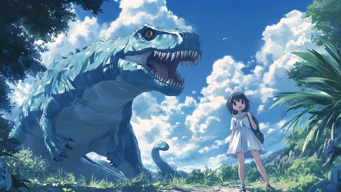 Girl in white dress beside large blue dinosaur outdoors.