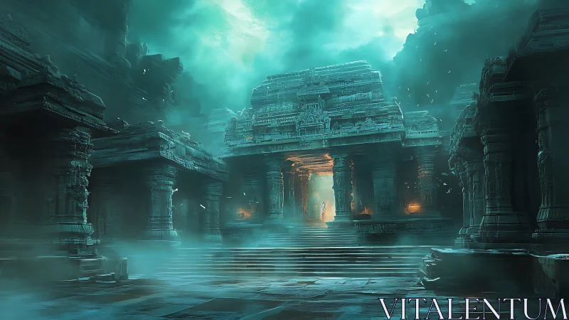 Emerald fog over the forgotten temple gate of echoes.