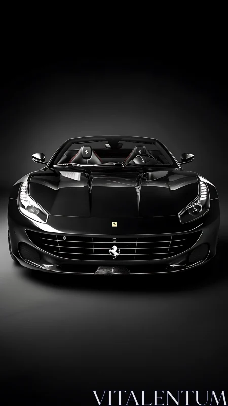 Photorealistic frontal portrait of black luxury sports car.