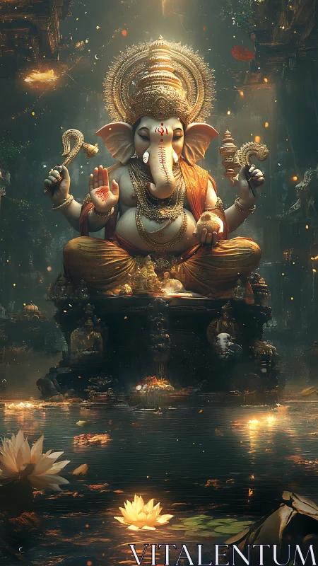 Divine elephant deity over sacred lotus pool at dusk.