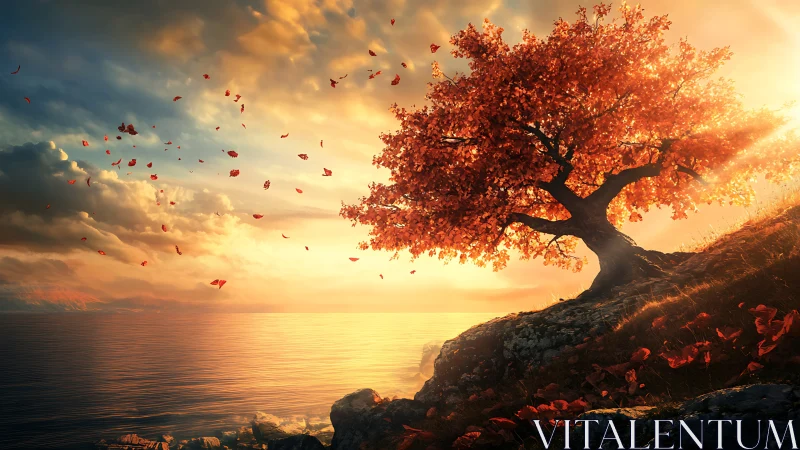 Autumn tree leans into a radiant sunset above tranquil sea.