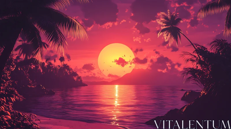 Tropical sun melts into neon horizon over tranquil lagoon