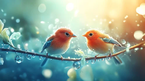 Two Colorful Robins on Dewy Branch, Dreamy Light Effect.