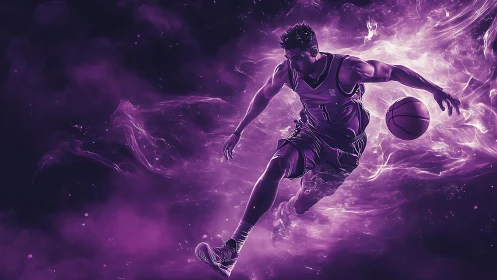 Dynamic purple basketball player in motion with energy trails.