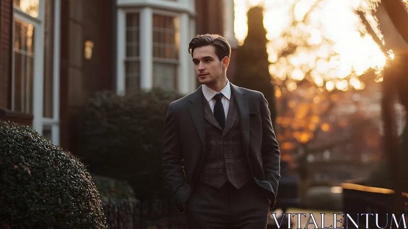 Sunlit urban promenade with tailored three piece suit portrait.