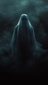 Shrouded skeletal specter emerges from atmospheric teal fog