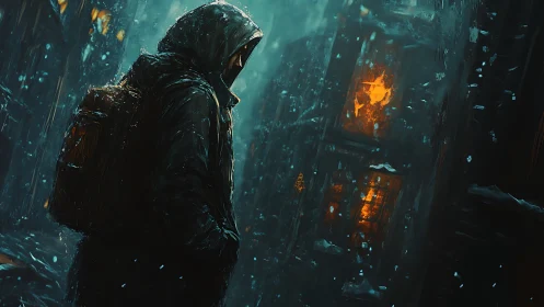 Hooded figure walking in wet night alley with lit windows.