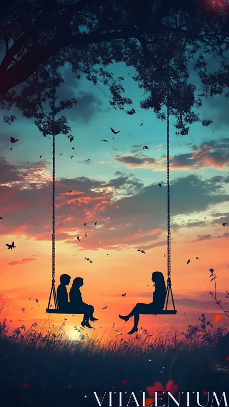 Silhouetted Figures Suspended Between Worlds at Dusk.