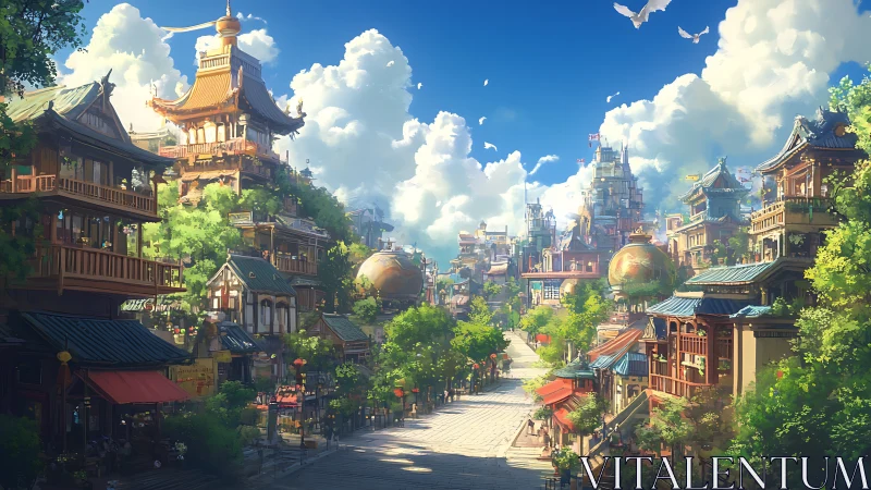 Sunlit neo-oriental hill cityscape with layered vertical streets.