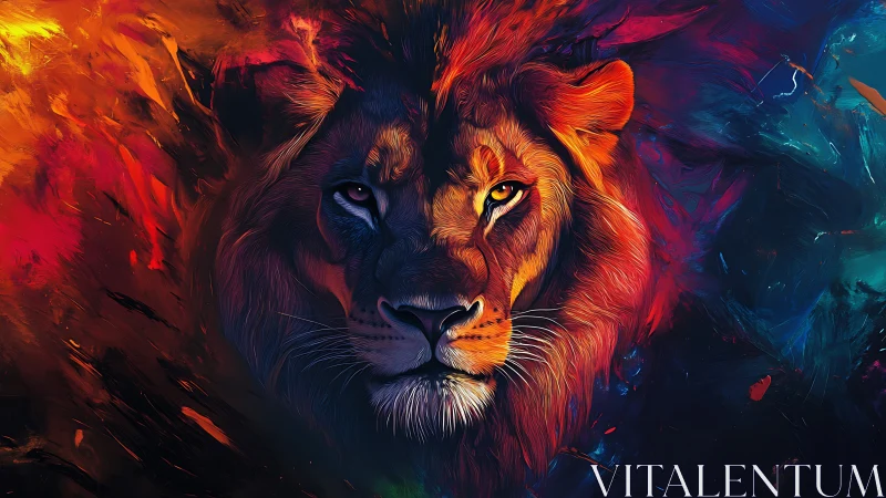 Symmetric lion portrait emerges from high-contrast chromatic flames