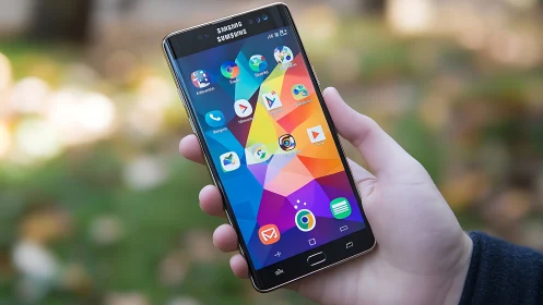 Samsung smartphone displaying colorful geometric app interface.