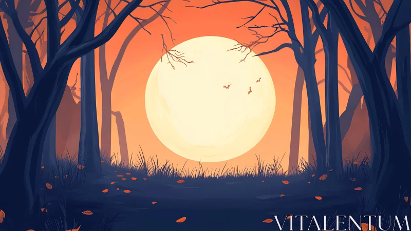 Autumn Forest Moonrise with Luminous Orb and Bare Trees