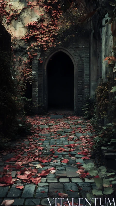 Stone arch doorway with red leaves on weathered pathway.