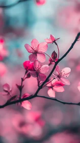 Pink Cherry Blossoms Branch Against Blurred Sky.