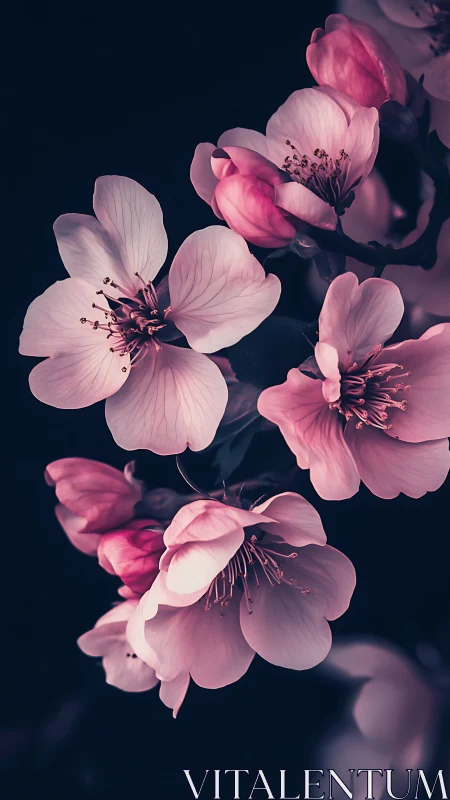 Pink Cherry Blossoms Against Dark Background with Selective Focus.