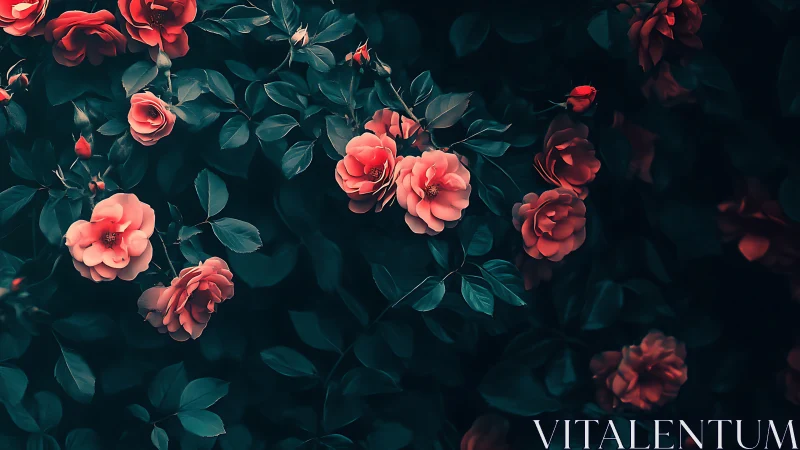 Red and Coral Roses Against Dark Teal Foliage in Low Light