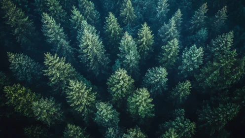 Majestic aerial view of lush evergreen forest in soft morning light.