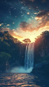 Enchanted twilight waterfall cascades beneath starry sky