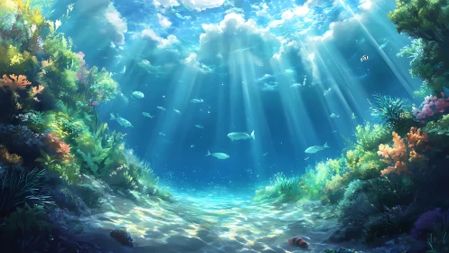 Sunlit coral reef valley with tranquil tropical fish schools.