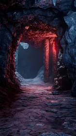 Volumetric-lit cavern corridor with red emissive rock columns