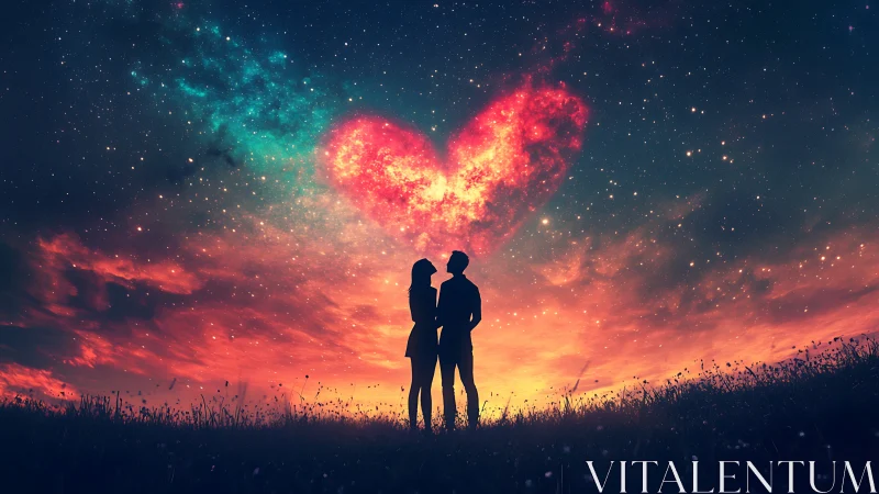 Two silhouetted figures stand beneath cosmic heart nebula