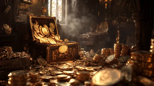 Photorealistic treasure chest amid cascading gold coins.