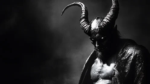 Horned humanoid figure in dark monochrome lighting study.