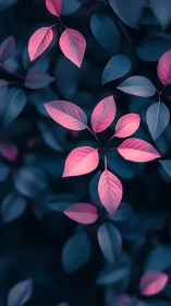 Glimmering pink leaves glow gently against deep blue shadows