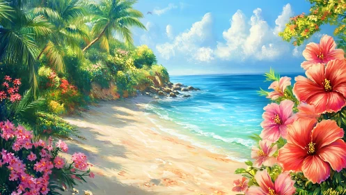Tropical Beach with Vibrant Flowers and Ocean View