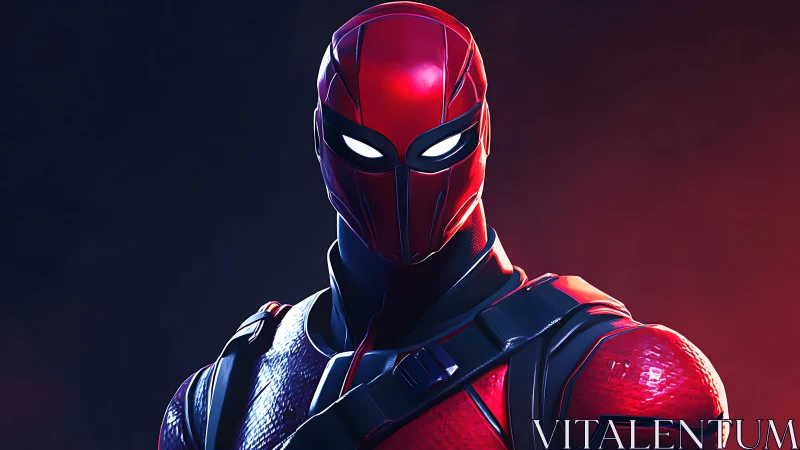 Red armored vigilante portrait with luminous visor and straps