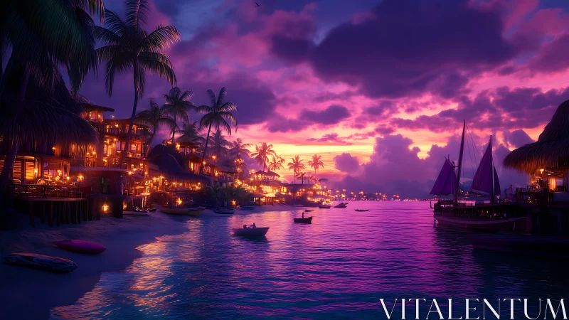Tropical waterfront village against vivid purple sunset sky.