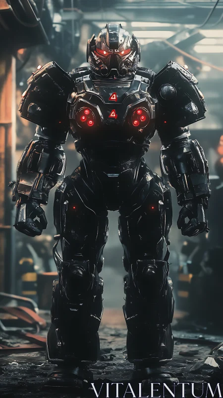 Heavily armored combat mech with red tactical sensor array.