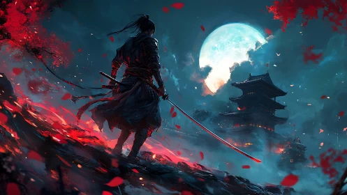 Moonlit ronin overlooking burning temple in crimson storm.