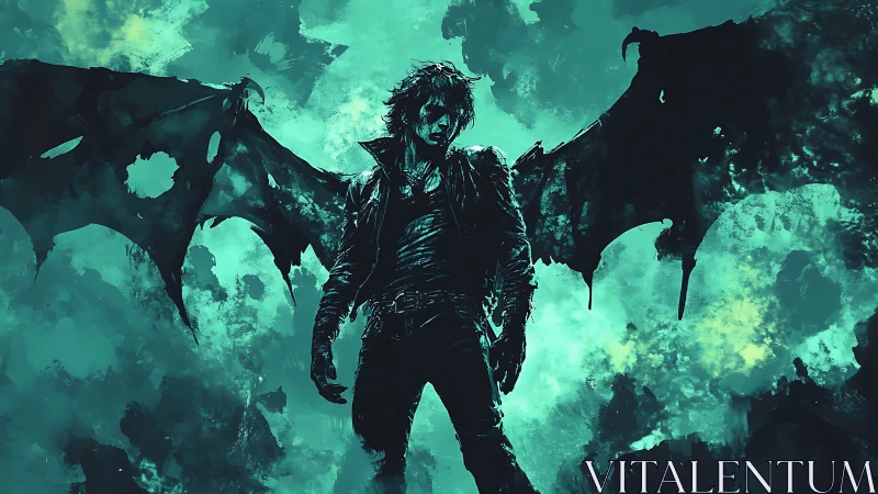 Winged humanoid figure stands against abstract teal backdrop