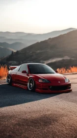 Sunlit red sports car relaxing on a quiet mountain road.